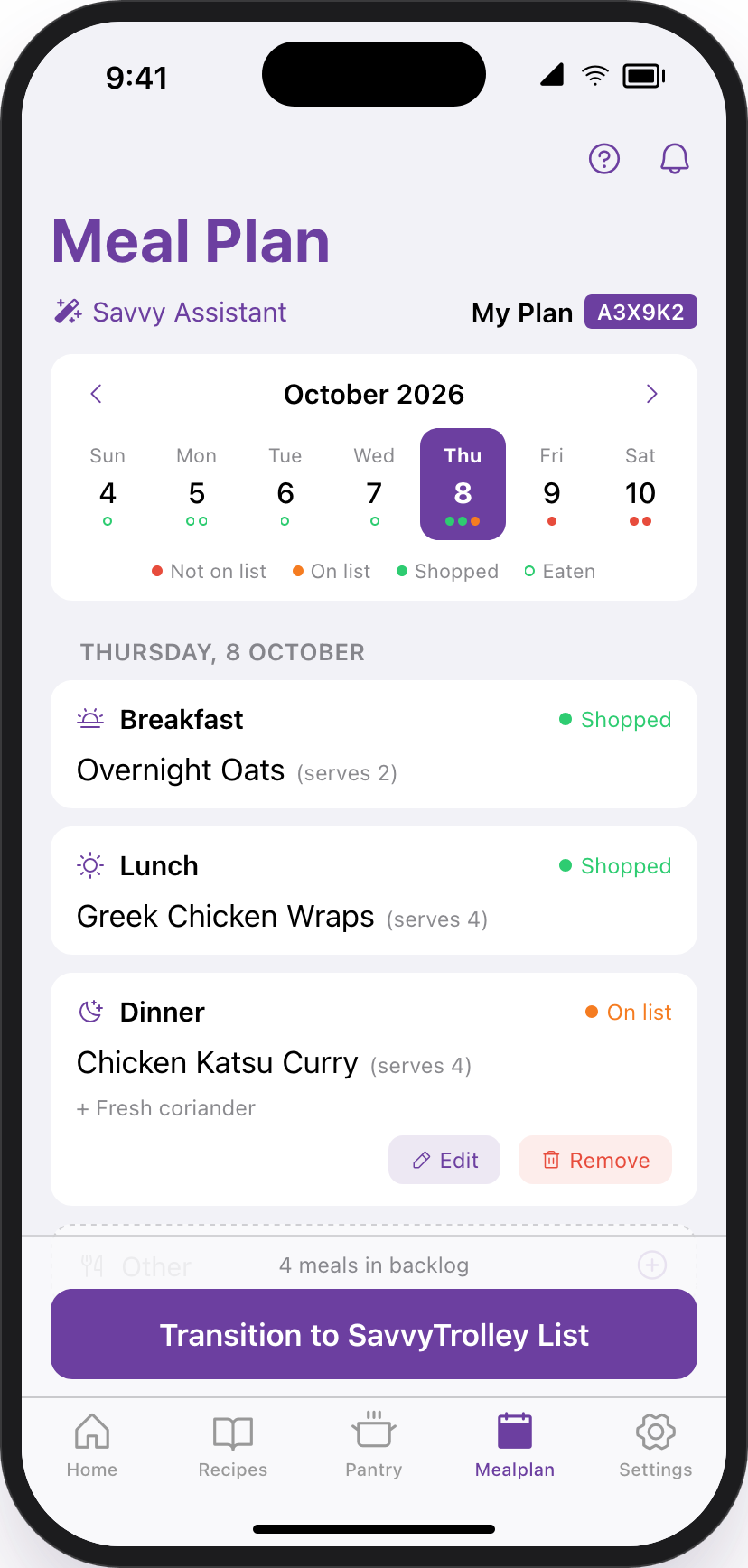 SavvyStove Meal planning app screen