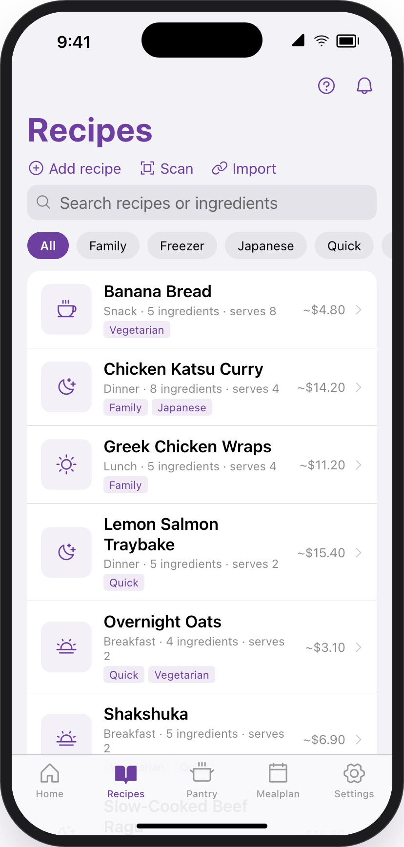 SavvyStove Recipe management app screen